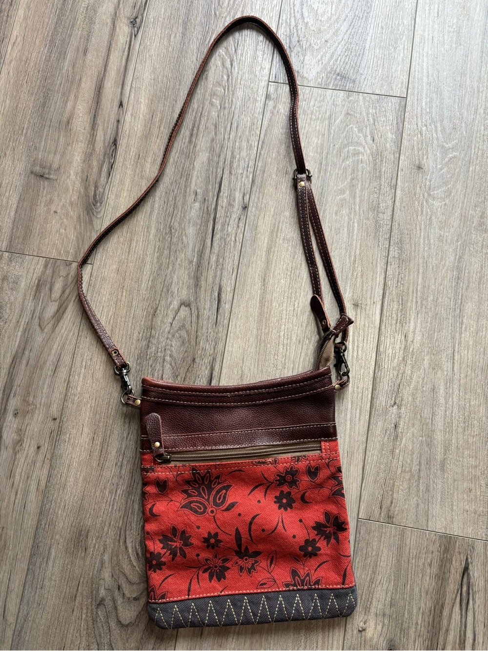 Red Floral Myra Crossbody Bag with Brown Leather Trim and Adjustable Strap